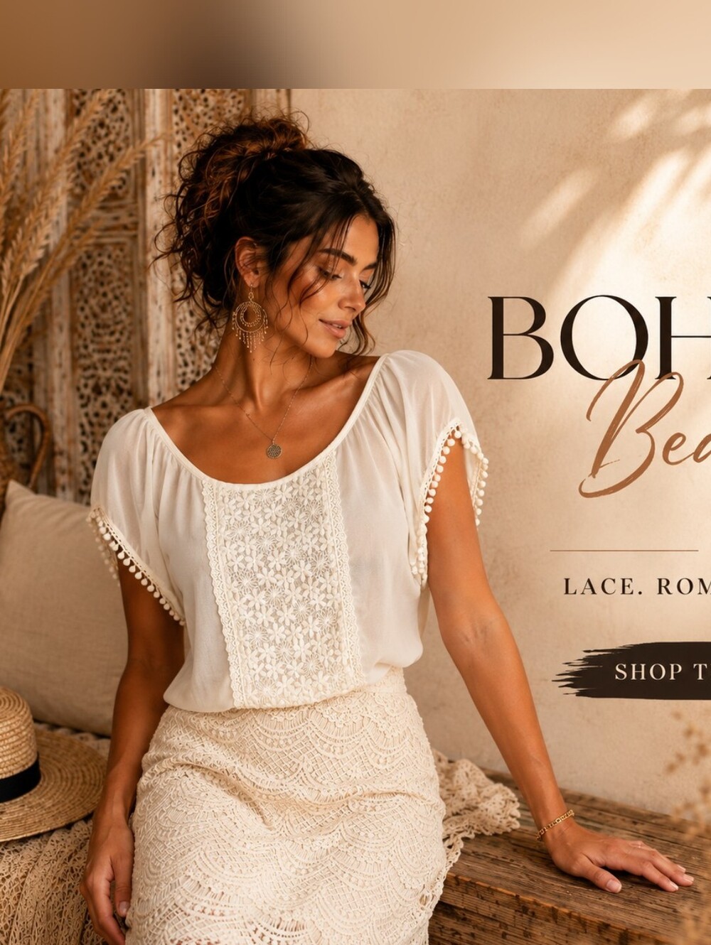 NWT Marineblu Vintage Door Boutique Cream Lace Boho Mini Dress Size Large